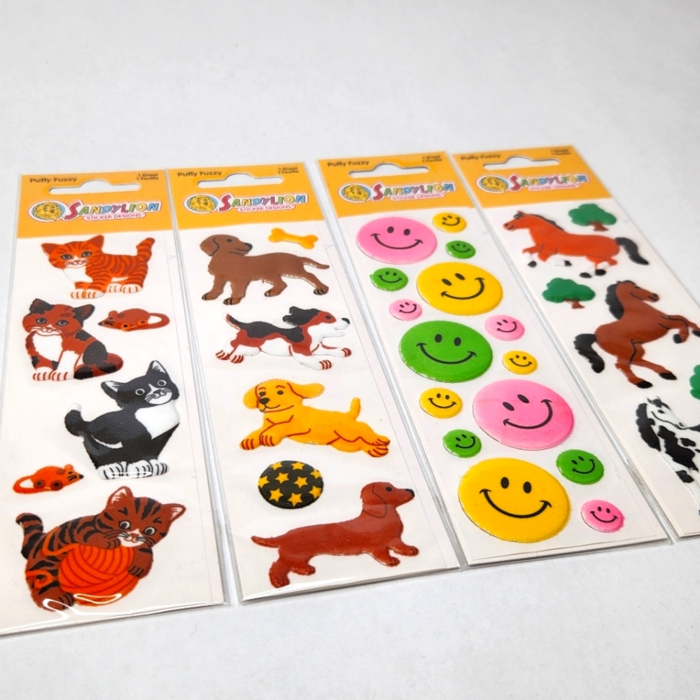 Vintage Sandylion Puffy Fuzzy Stickers Sealed Lot of 4 Cats Dogs Smiley Horses
